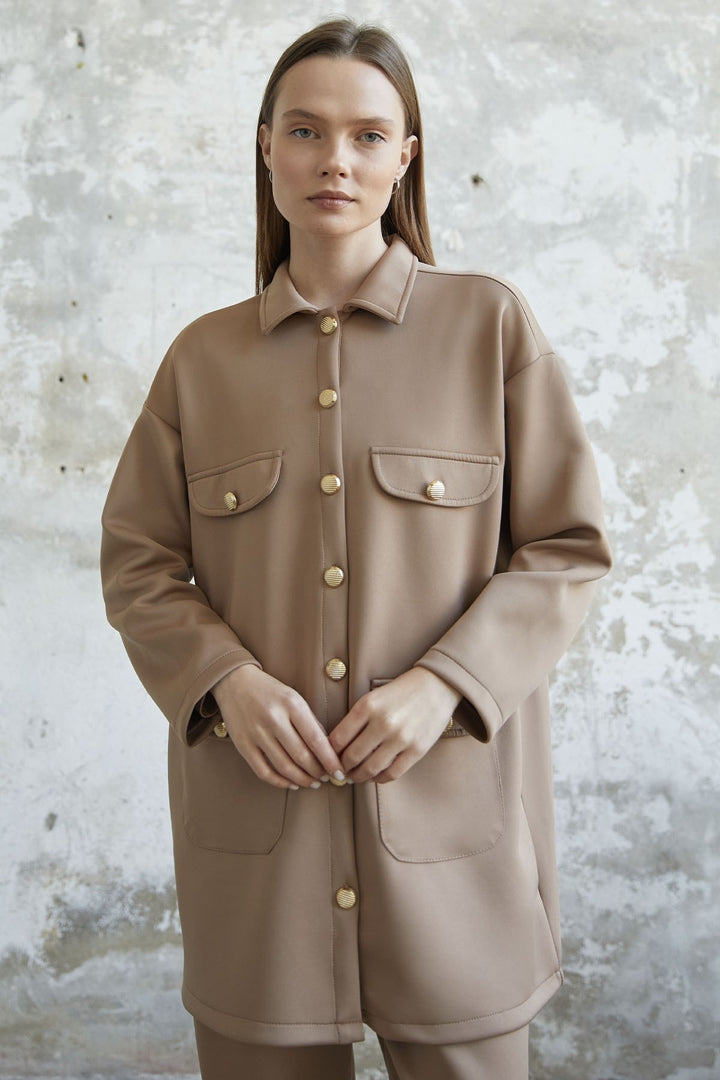 MDS Women Buttoned Pocket Detail Jacket Scuba Suit - Camel - Bad Homburg