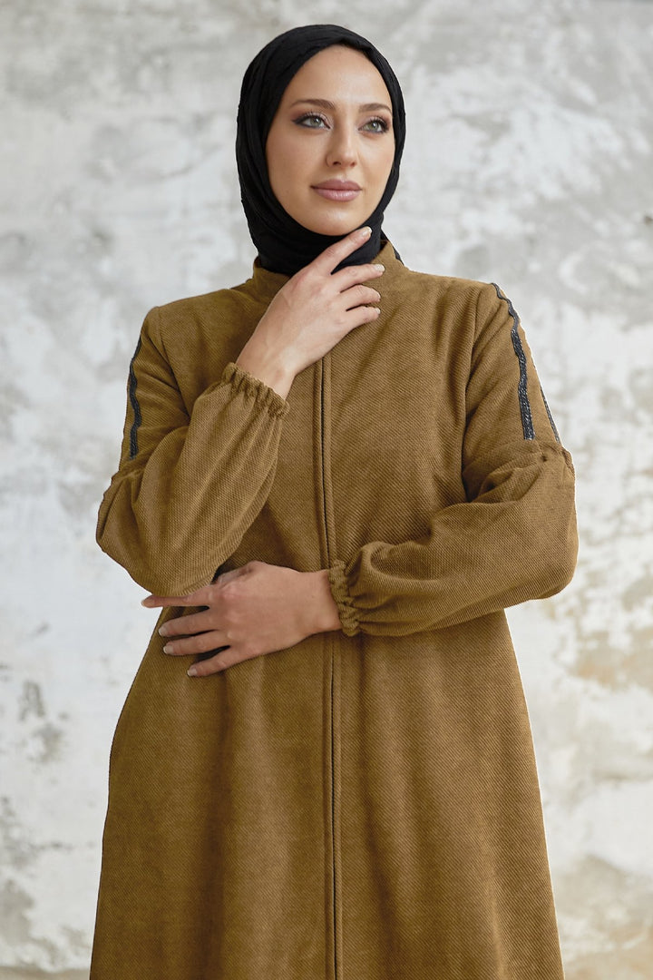 MDS Women Eleni Collar Button Detail Abaya - Light Brown - Melito di Napoli