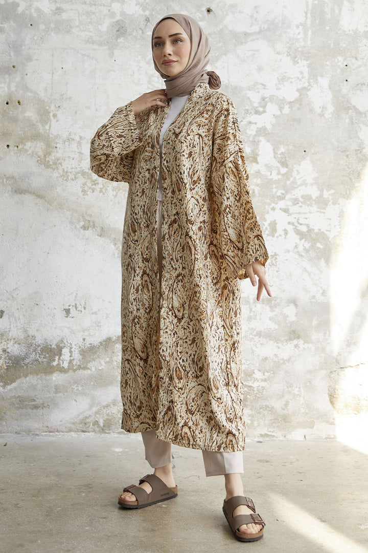 MDS Women Spiral Patterned Long Kimono - Brown - Delicias