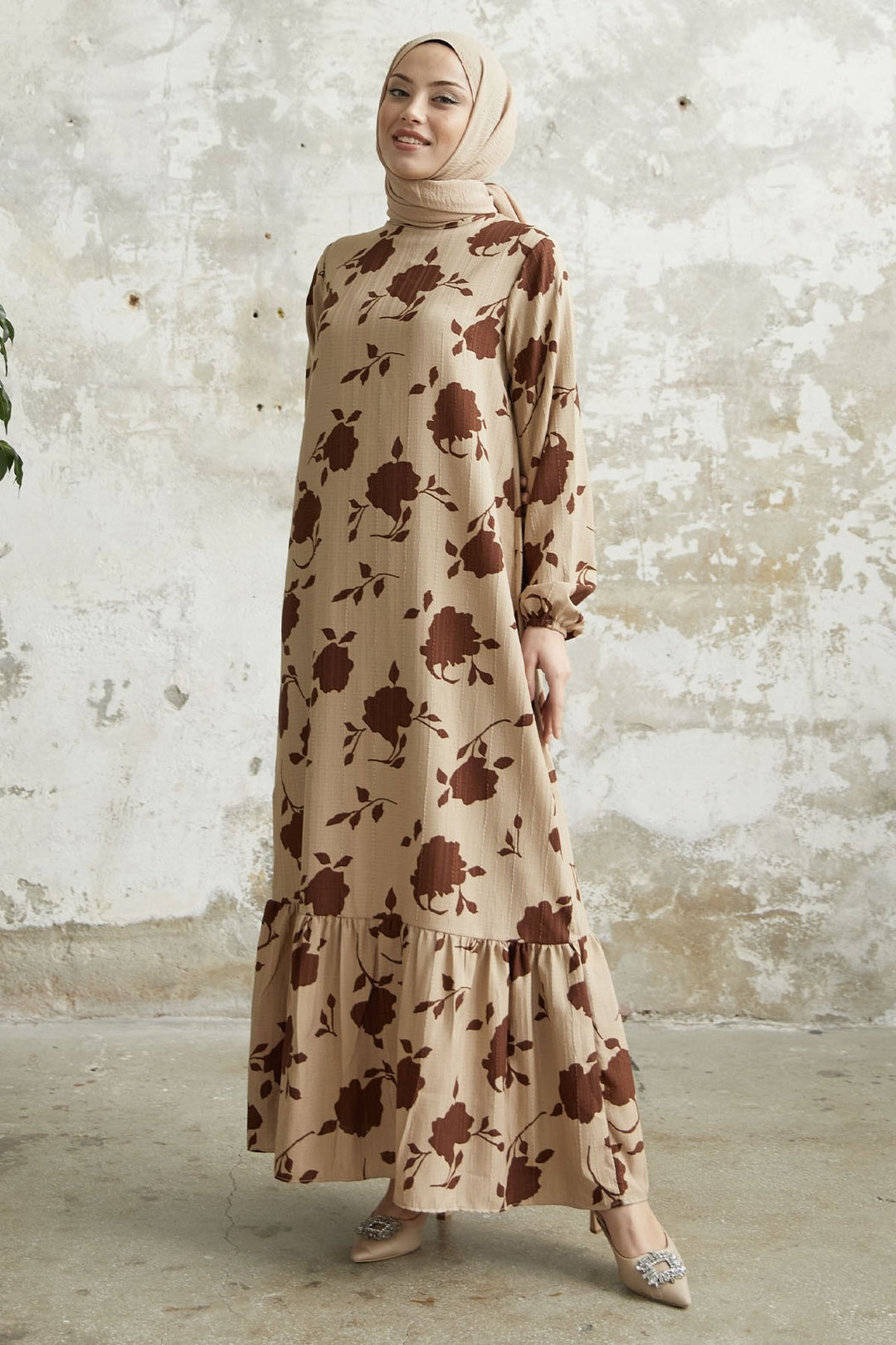 MDS Women Large Flower Pattern Dress - Brown - Dunkerque