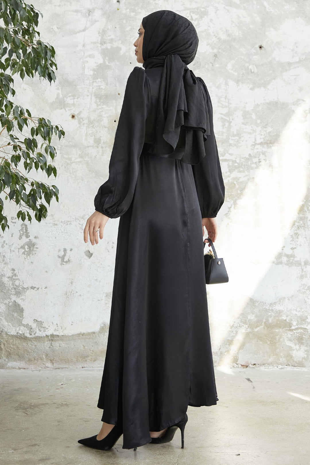 MDS Women Belted Balloon Sleeve Satin Dress - Black - Pembroke Pines