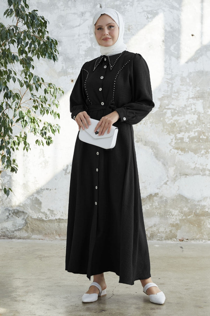 MDS Women Beaded Buttoned Linen Dress - Black - Lloret de Mar