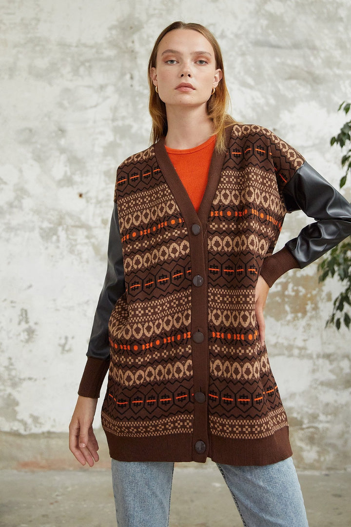 MDS Women Elis Collar Leather Cardigan - Brown - Jocotitlán