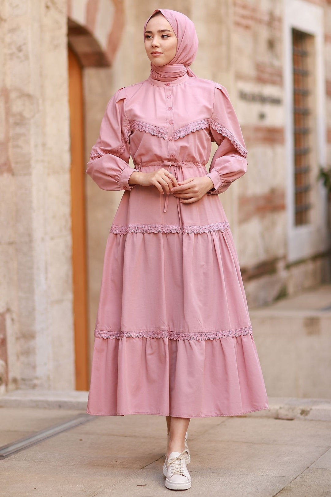 MDS Women Guipure Detail Balloon Sleeve Dress - Rose Pink - Sayreville
