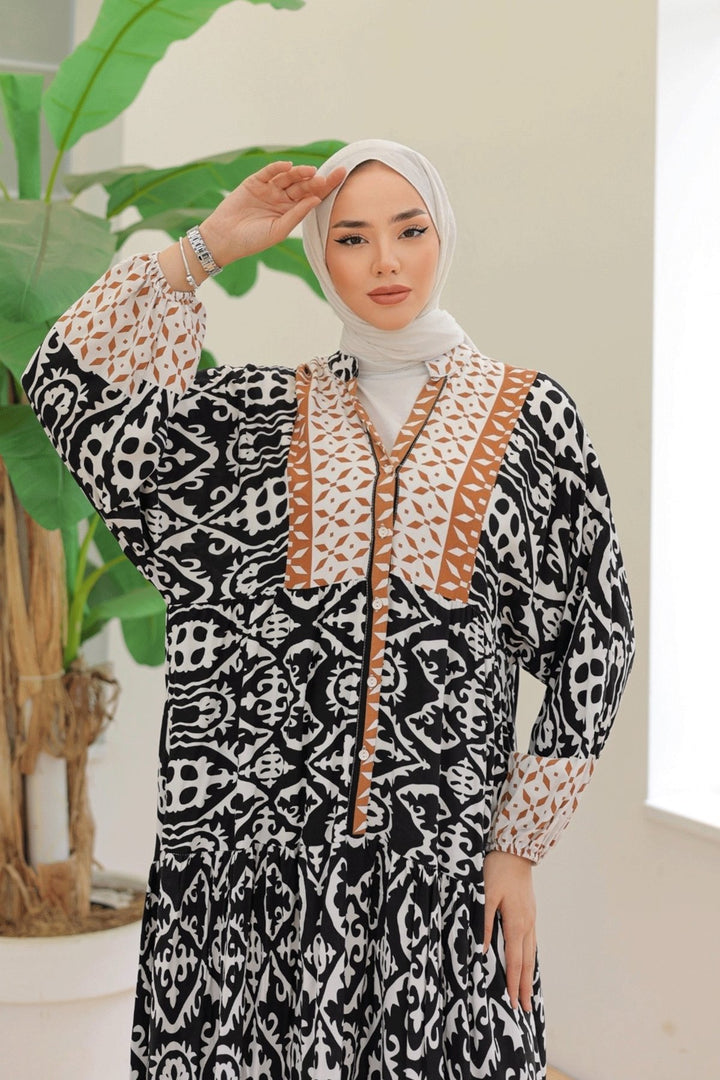 MDS Women Patterned Balloon Sleeve Black Viscose Dress - Wesel