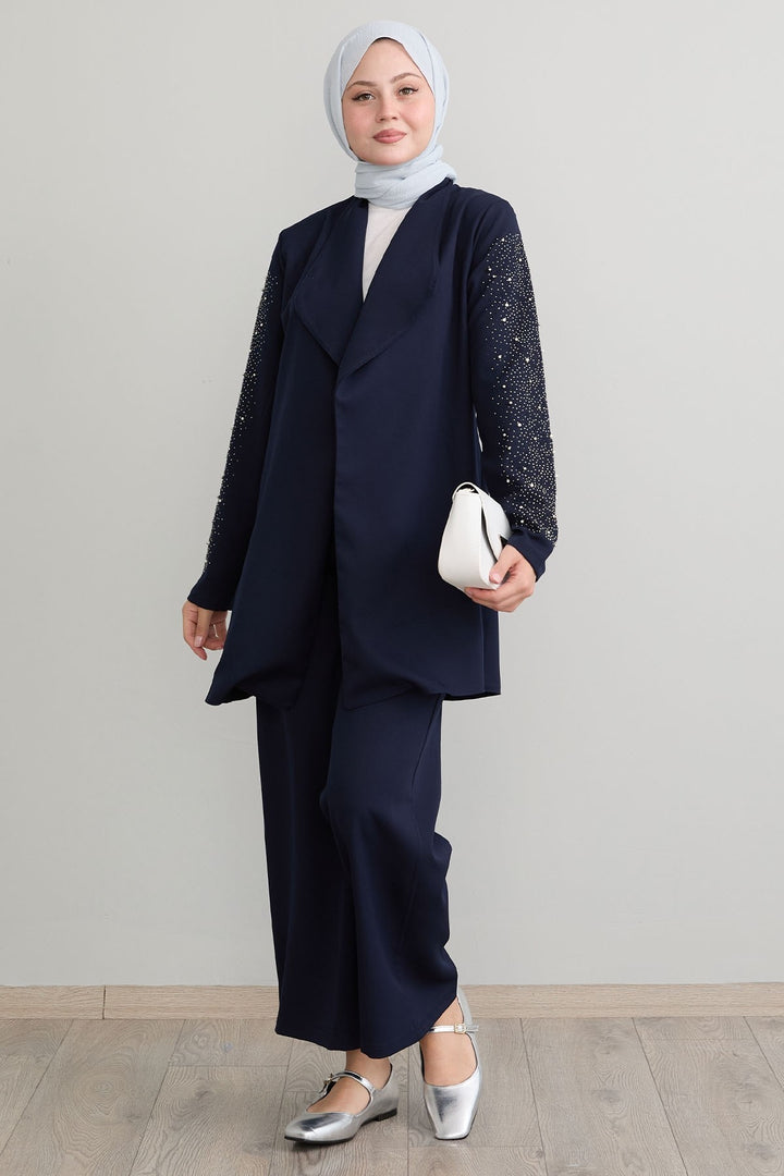 MDS Women Jacketed Pearl Detail Navy Suit - Marburg