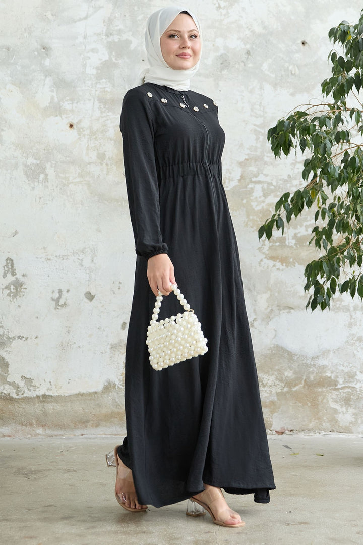 MDS Women Flower Pearl Embroidered Elastic Black Abaya - Wenatchee
