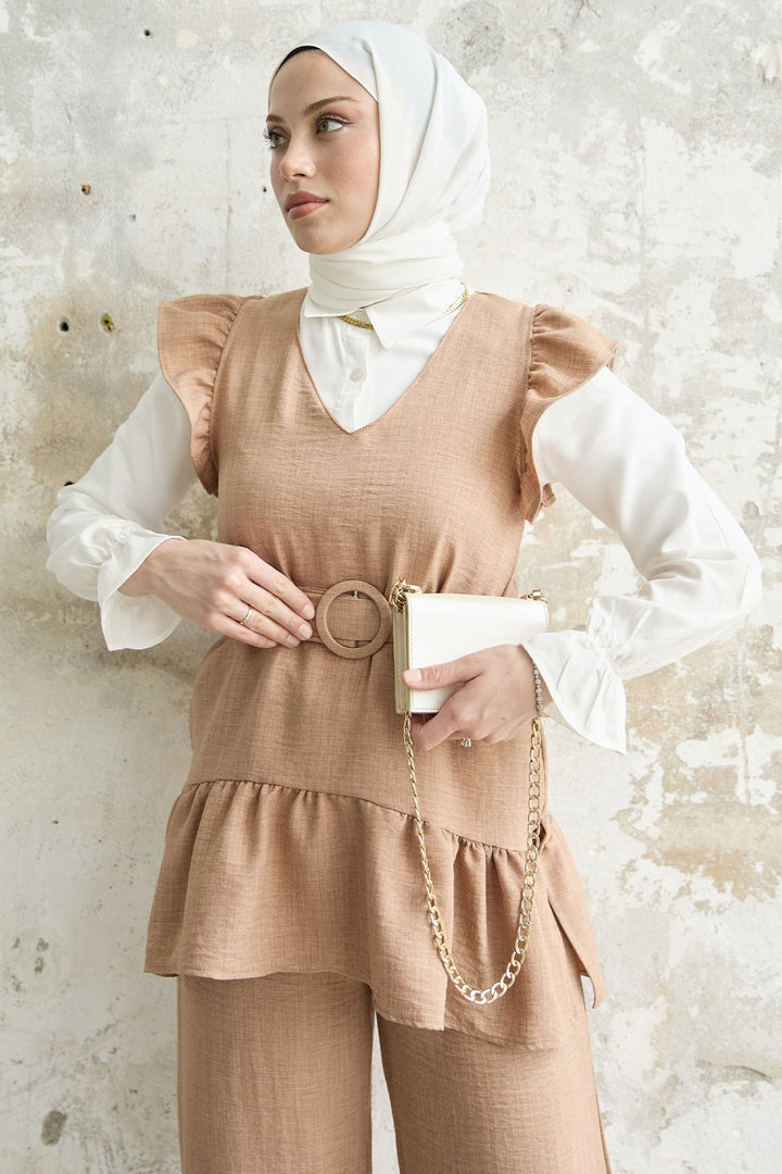 MDS Women Ruffled Shoulder Three Piece Set - Camel - Ilioúpoli