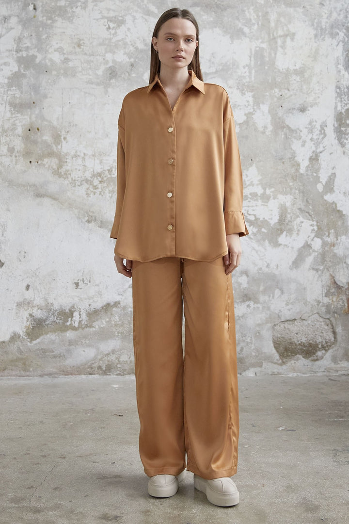 MDS Women Satin Shirt Pants Suit - Camel - Monterotondo