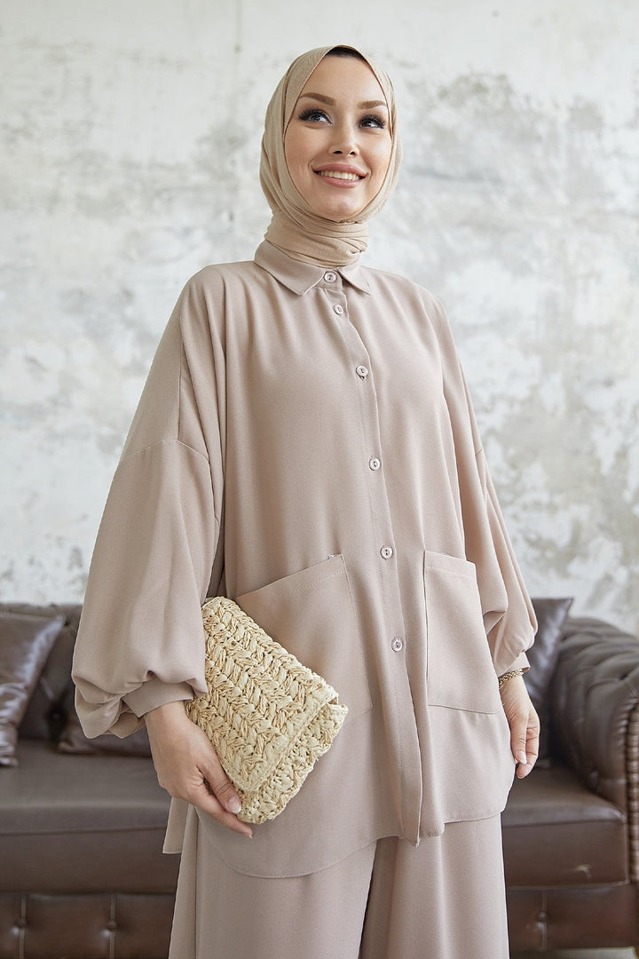 MDS Women Muno Balloon Sleeve Casual Set - Beige - Anchorage