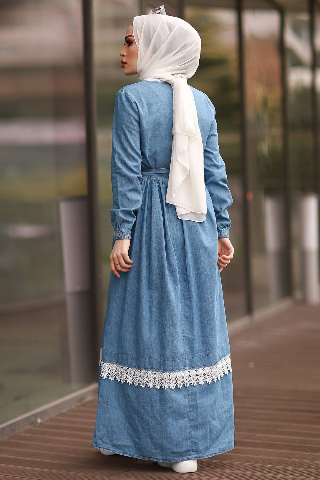 MDS Women Lace Detailed Denim Dress - Light Blue - Lawrence