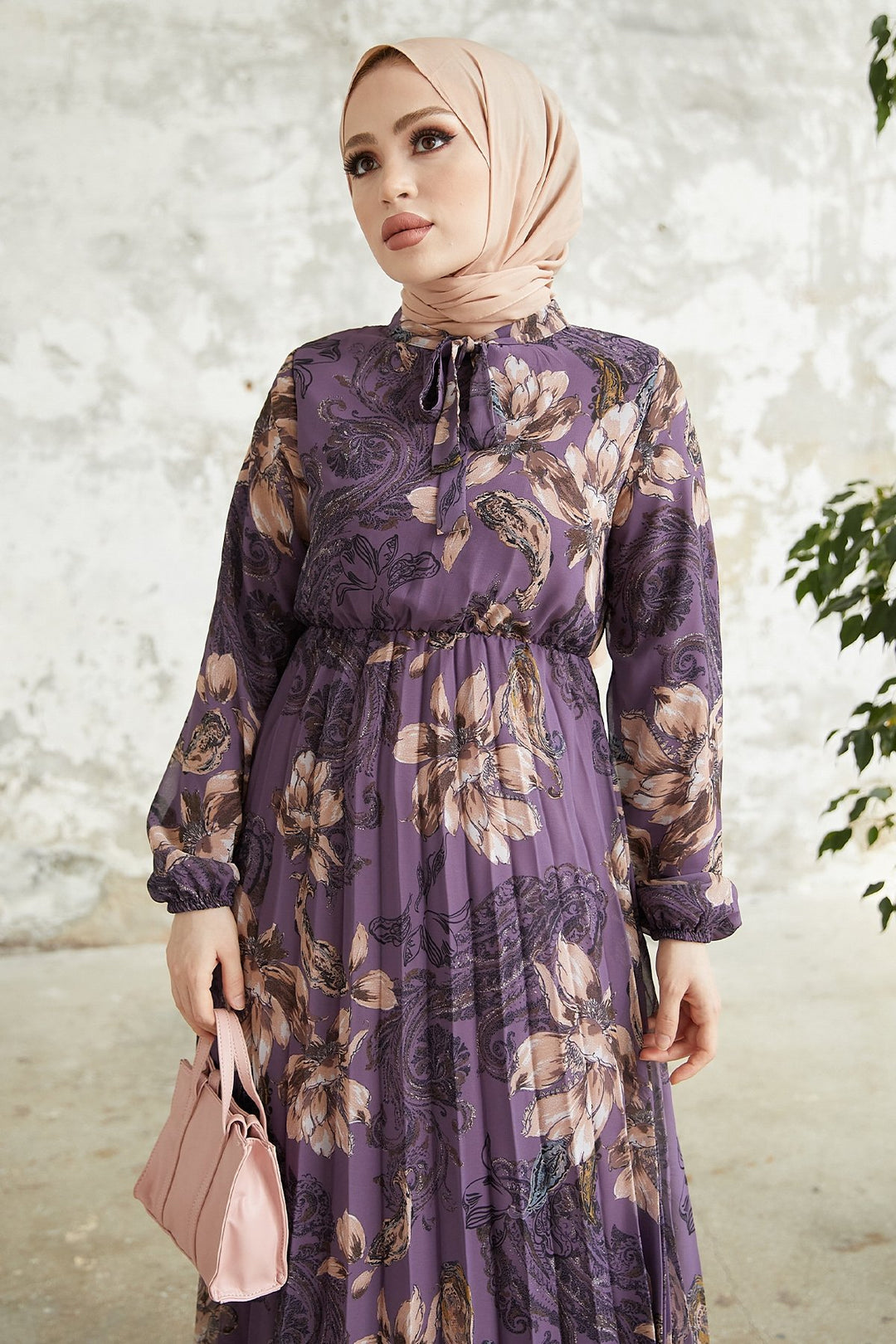 MDS Women Serena Flower Patterned Pleated Chiffon Dress - Purple - Catanzaro
