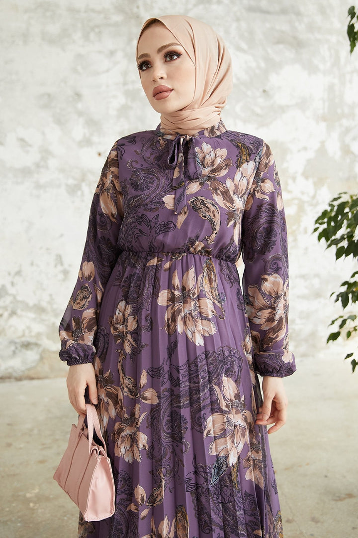 MDS Women Serena Flower Patterned Pleated Chiffon Dress - Purple - Catanzaro
