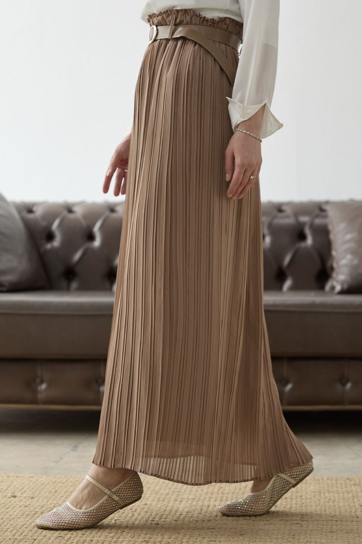 MDS Women Belted Waist Ruched Chiffon Skirt - Camel - Kozáni