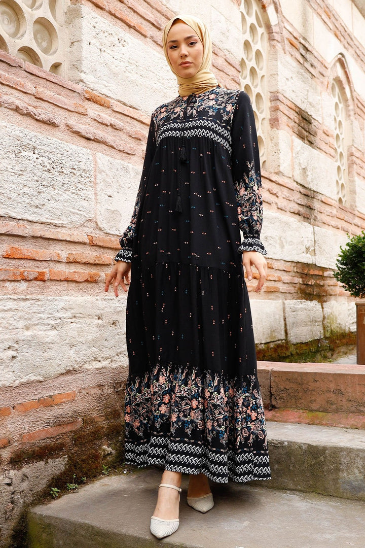 MDS Women Flowy Dress with Watery Pattern - Black - North Shields