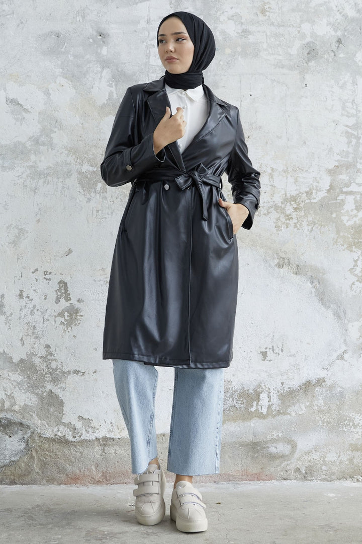 MDS Women Darina Belted Leather Trench Coat - Black - Agua Prieta