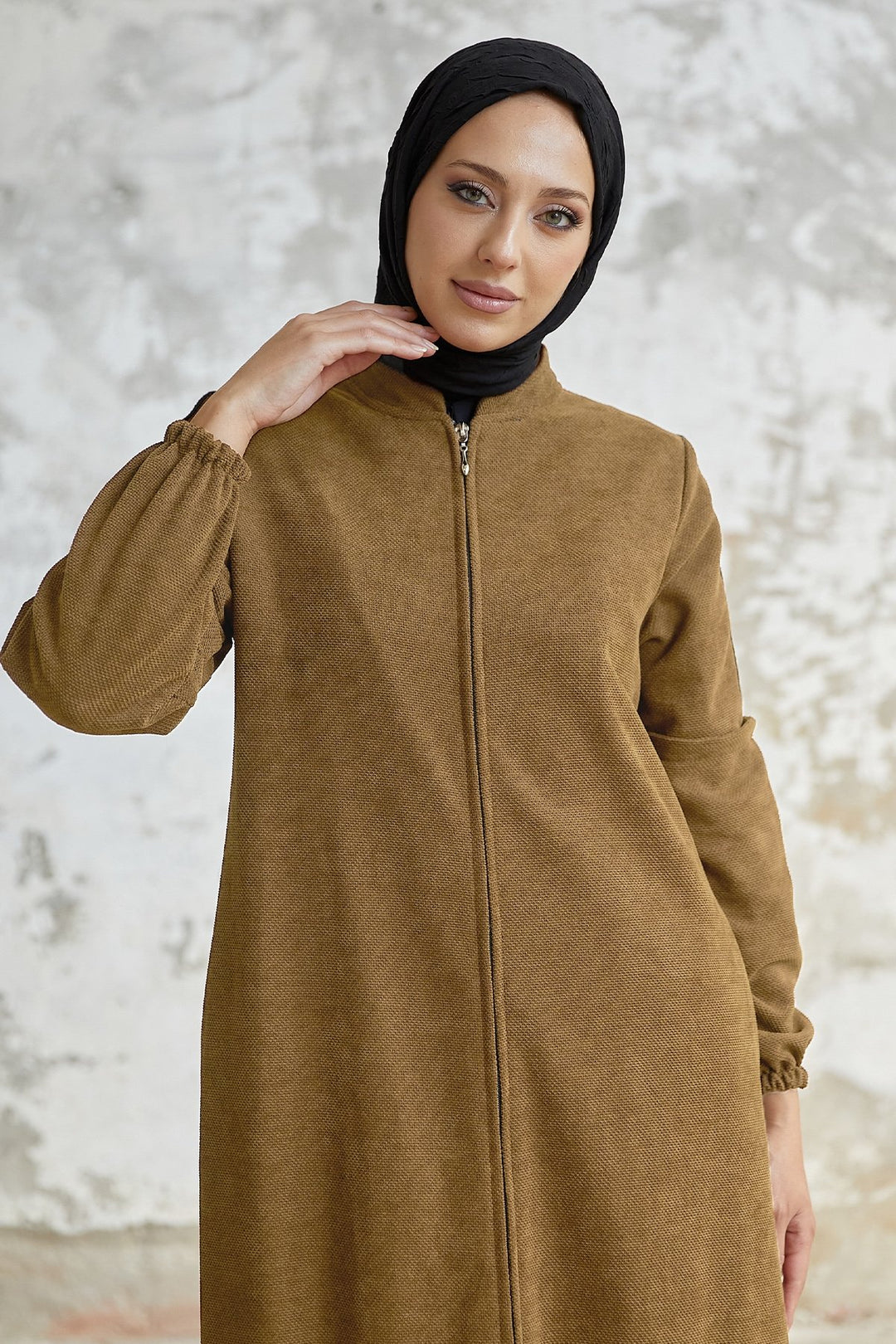 MDS Women Eleni Collar Button Detail Abaya - Light Brown - Melito di Napoli