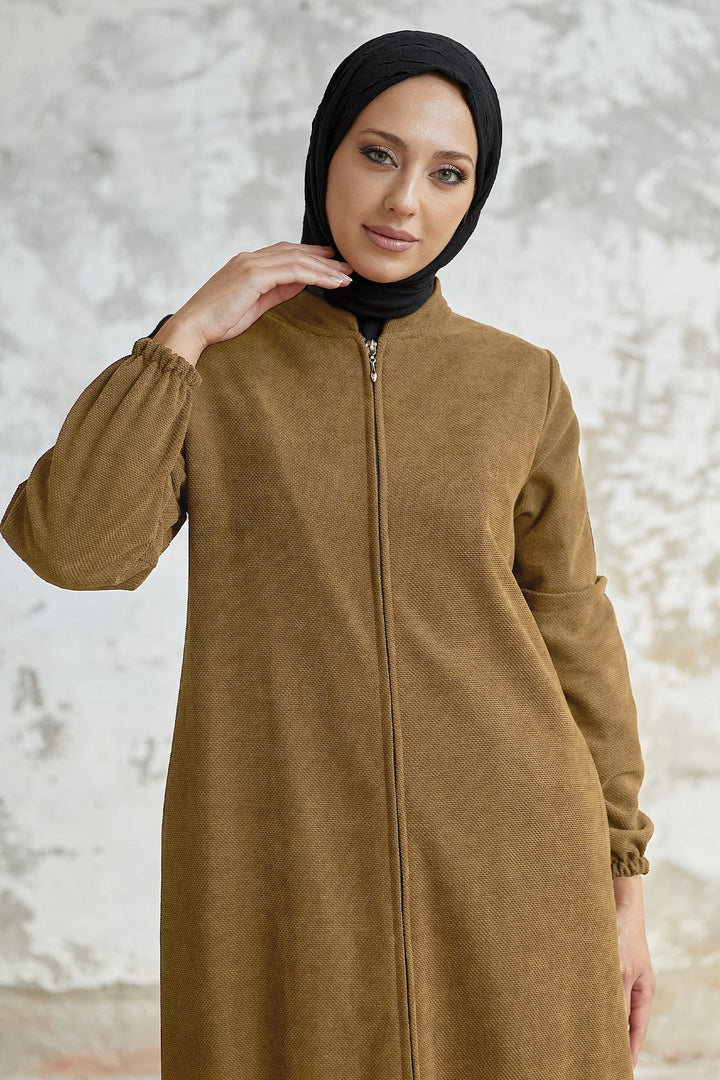 MDS Women Eleni Collar Button Detail Abaya - Light Brown - Melito di Napoli