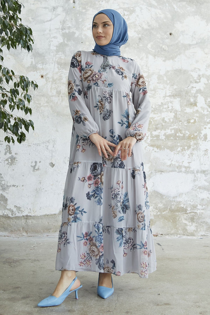 MDS Women Lace-Up Floral Chiffon Dress - Grey - Helmond