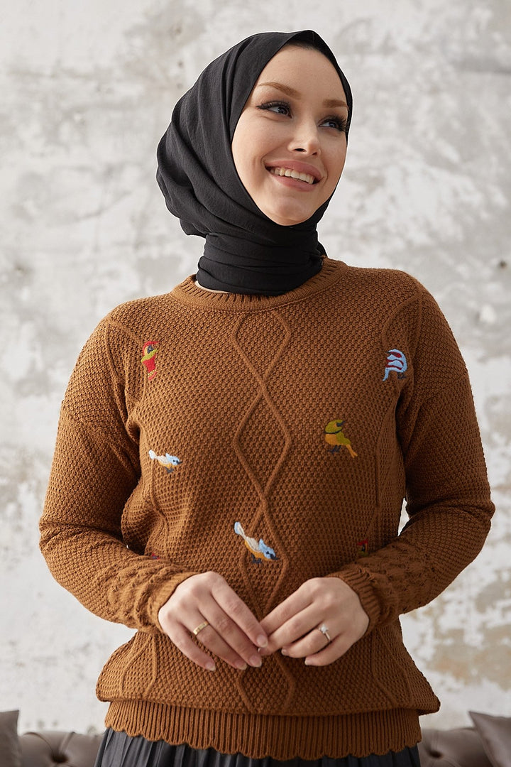 MDS Women Minsa Bird Pattern Embroidered Sweater - Brown - Pärnu