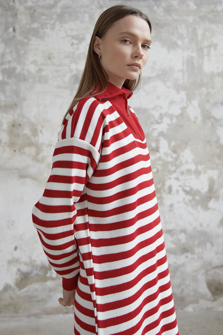 MDS Women Striped Knit Dress with Zippered Neckline - Red - Bellevue