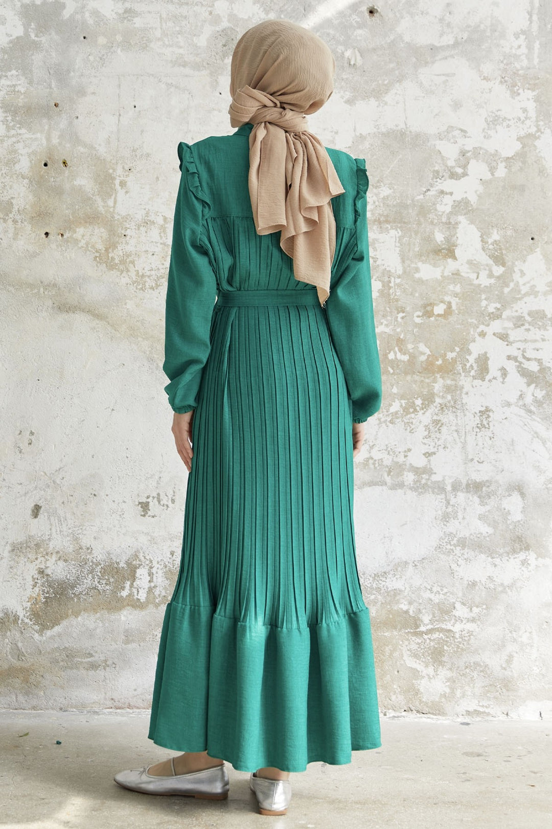 MDS Women Ruffle Trim Linen Dress with Puff Sleeves - Green - Arnold