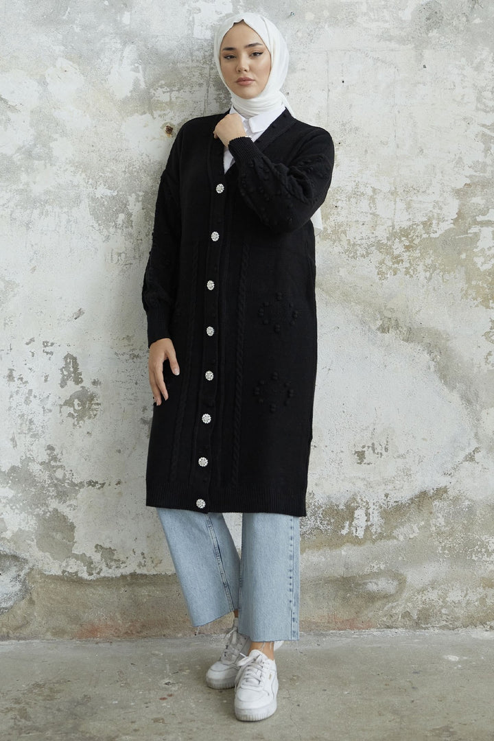 MDS Women Lomira Stone Button Detailed Knit Cardigan - Black - Temixco