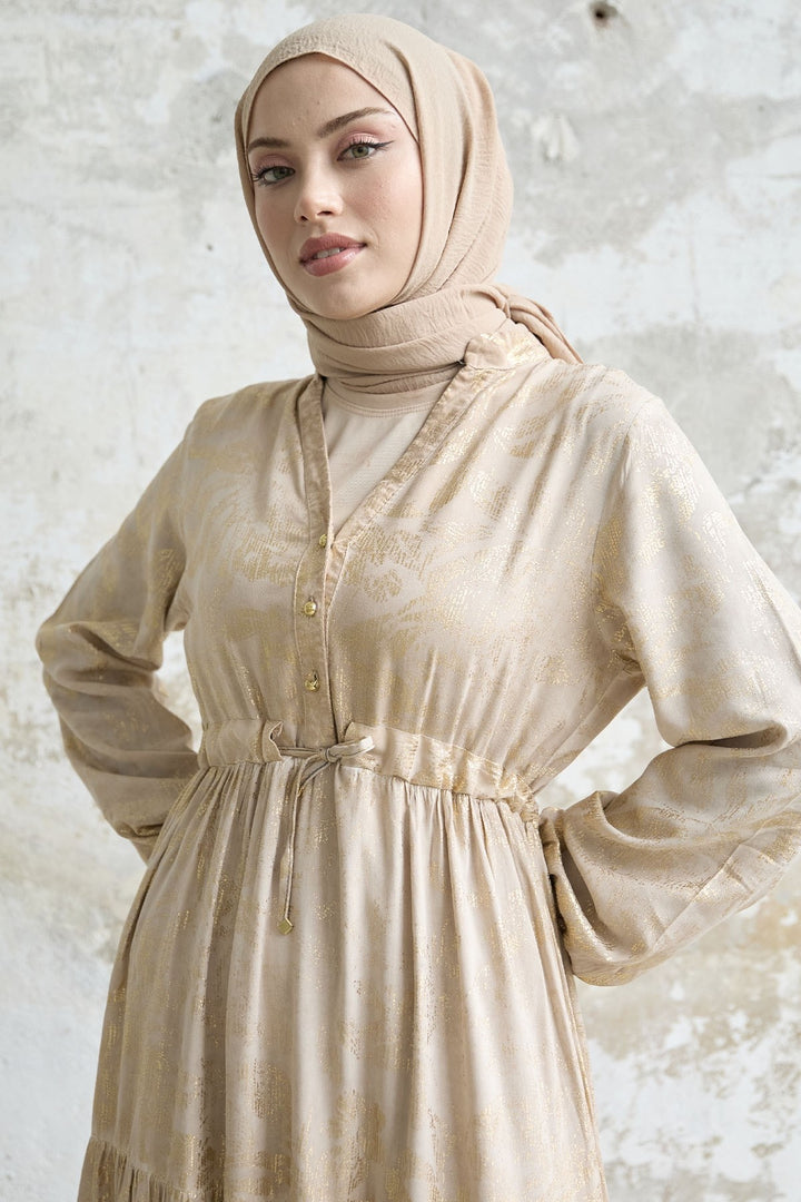MDS Women Gold Flower Leaf Dress - Beige - Dallas