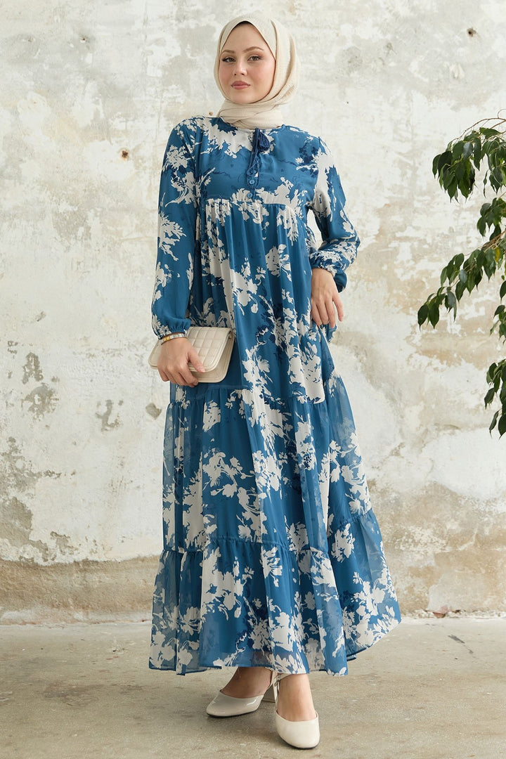 MDS Women Blue Chiffon Dress with Leaf Pattern and Frills at the Front - Burien