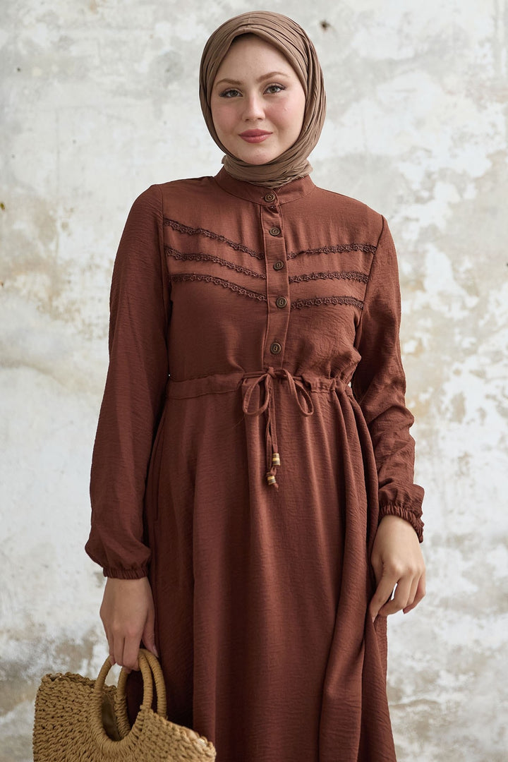 MDS Women Guipure Detail Dark Brown A-line Dress - Rio Tinto