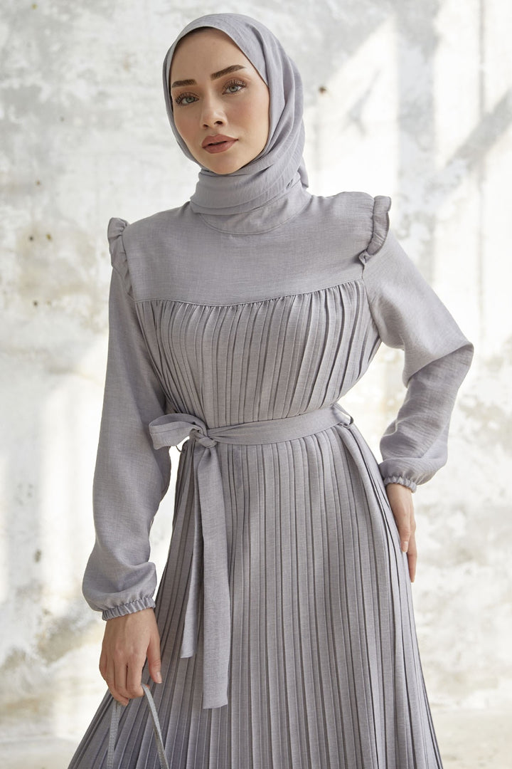 MDS Women Ruffle Trim Linen Dress with Puffed Shoulders - Gray - Vendrell