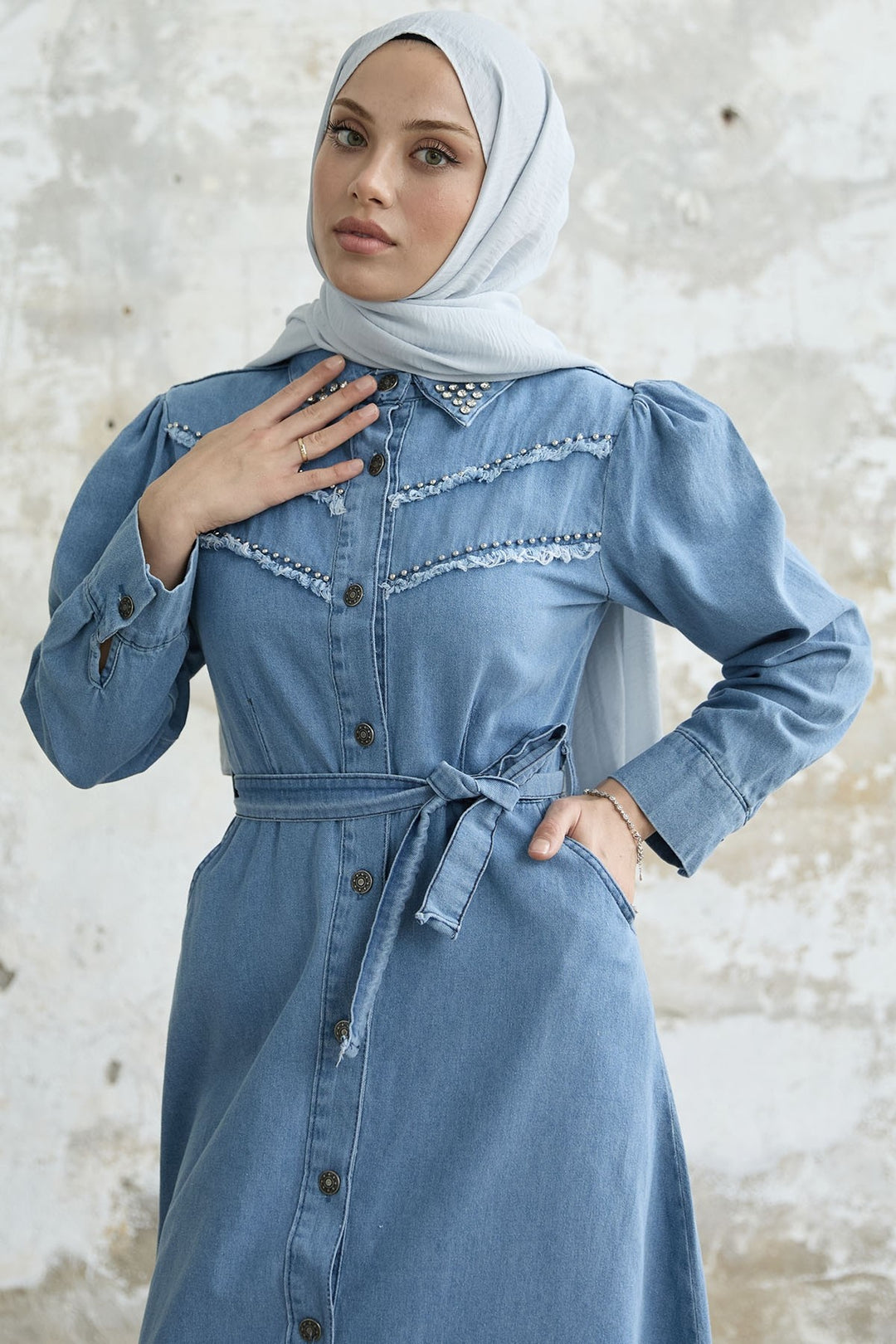 MDS Women Tasseled Beaded Denim Dress - Blue - Queen Creek