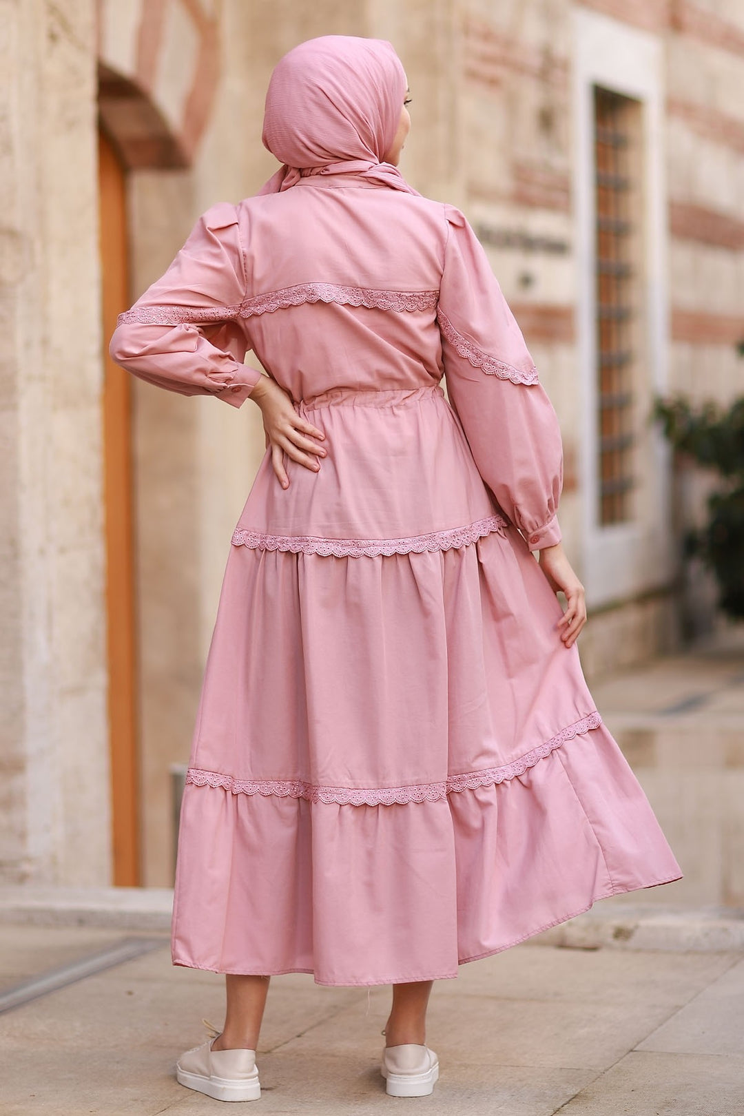 MDS Women Guipure Detail Balloon Sleeve Dress - Rose Pink - Sayreville