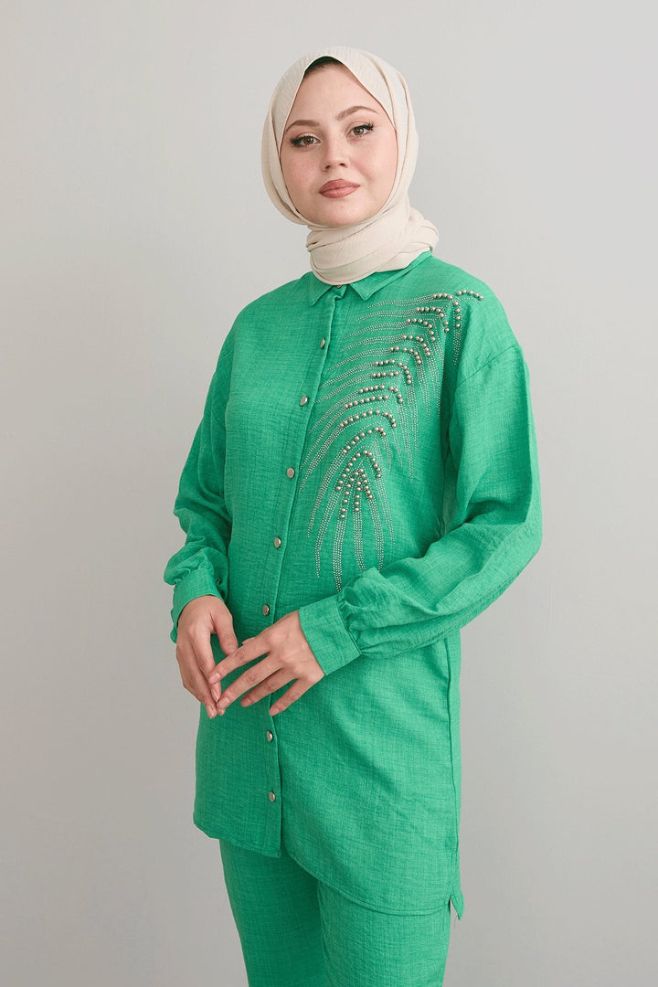 MDS Women Leaf Stone Processing Green Linen Set - Berdiansk