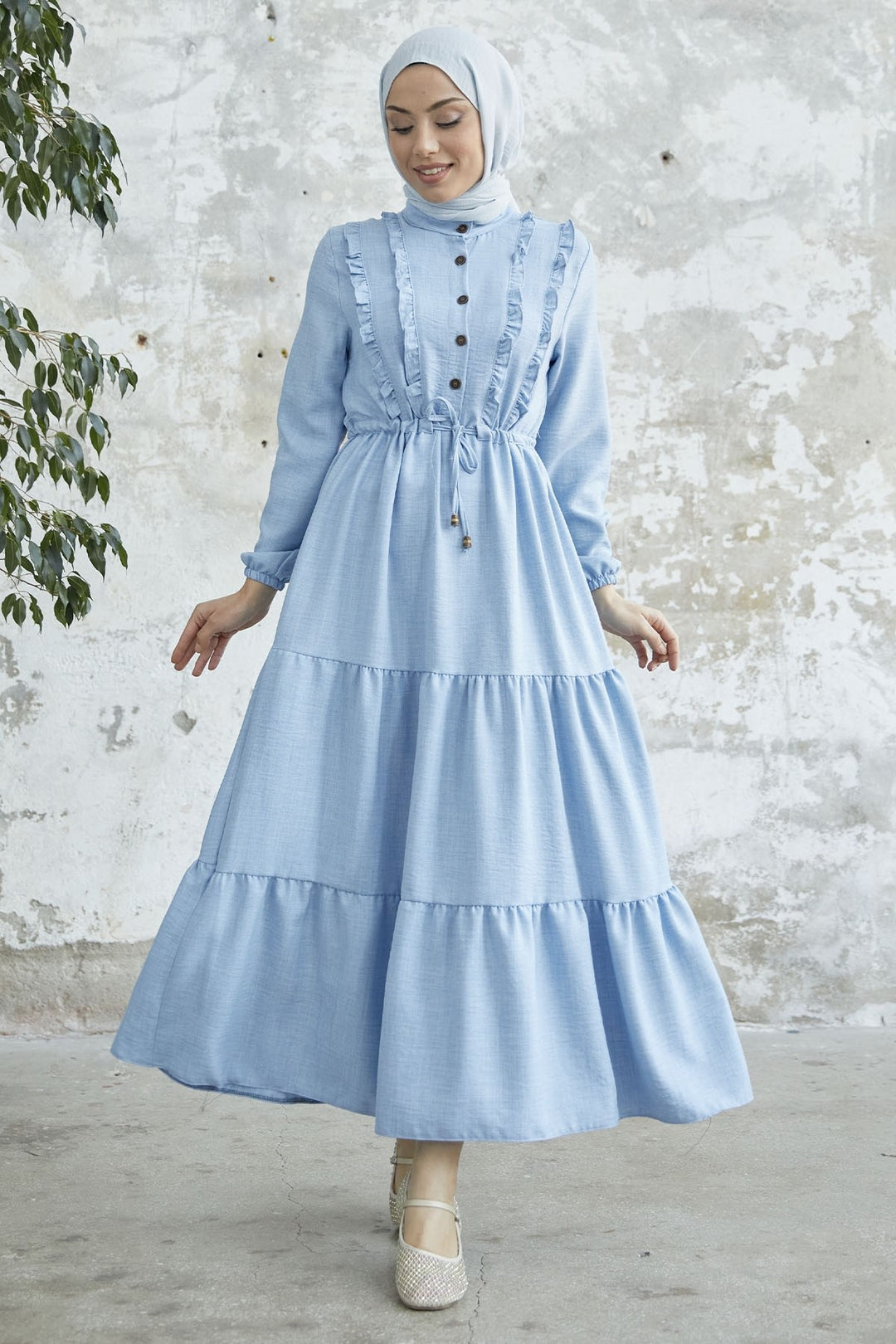 MDS Women Frilly Detail Buttoned A-line Dress - Baby Blue - Villajoyosa