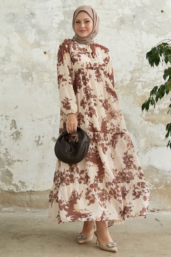 MDS Women Brown Chiffon Dress with Leaf Pattern and Tassels on the Front - Tehuacán