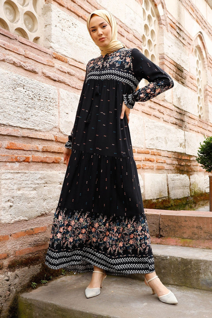 MDS Women Flowy Dress with Watery Pattern - Black - North Shields