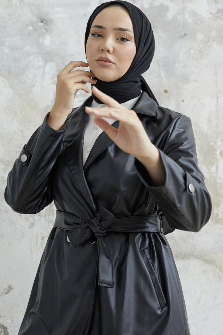 MDS Women Darina Belted Leather Trench Coat - Black - Agua Prieta
