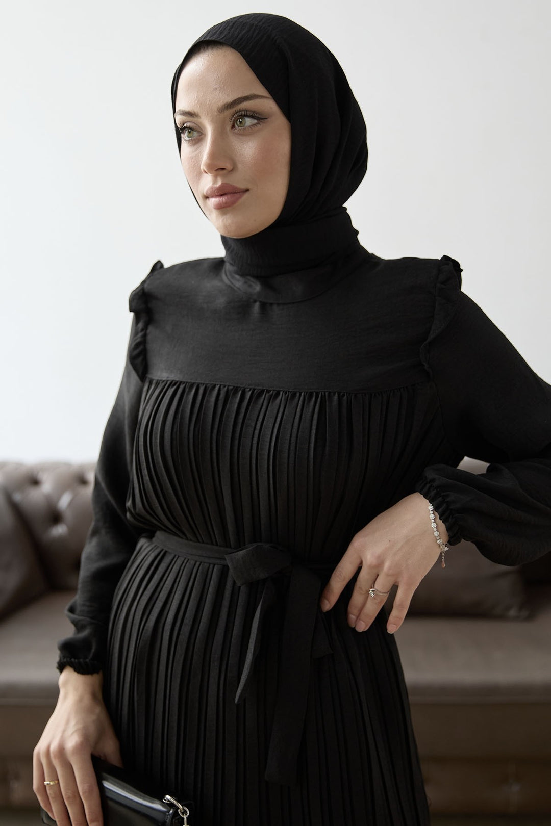 MDS Women Front Pleated Ruffle Detail Set - Black - Clichy