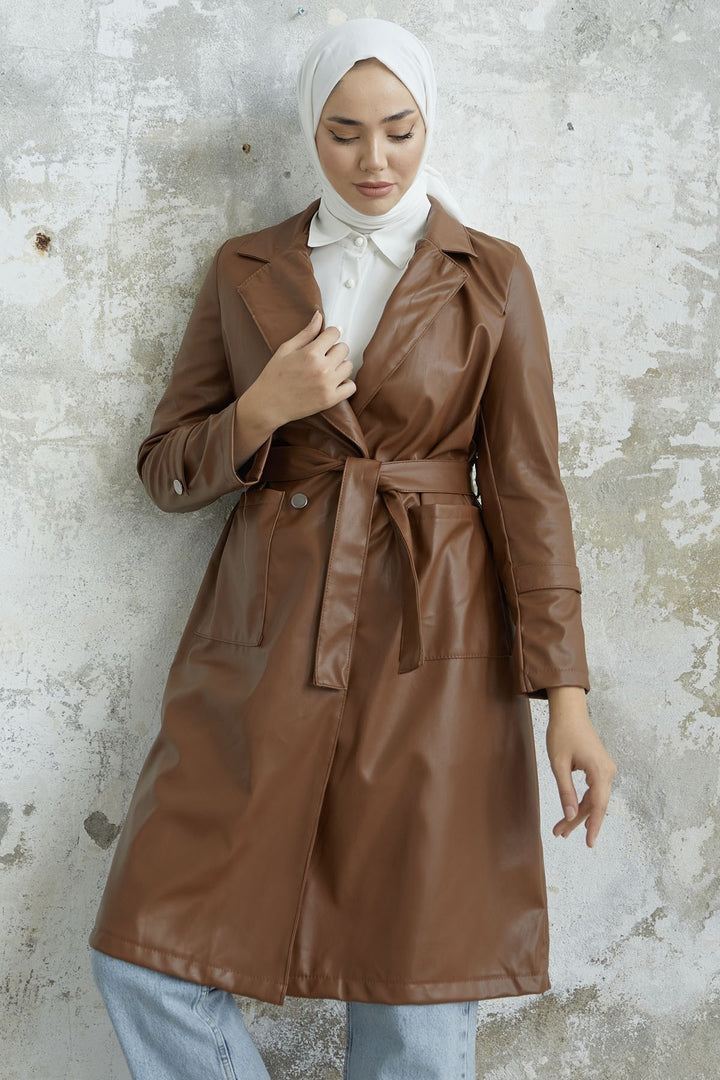 MDS Women Darina Belted Leather Trench Coat - Tan - Trieste