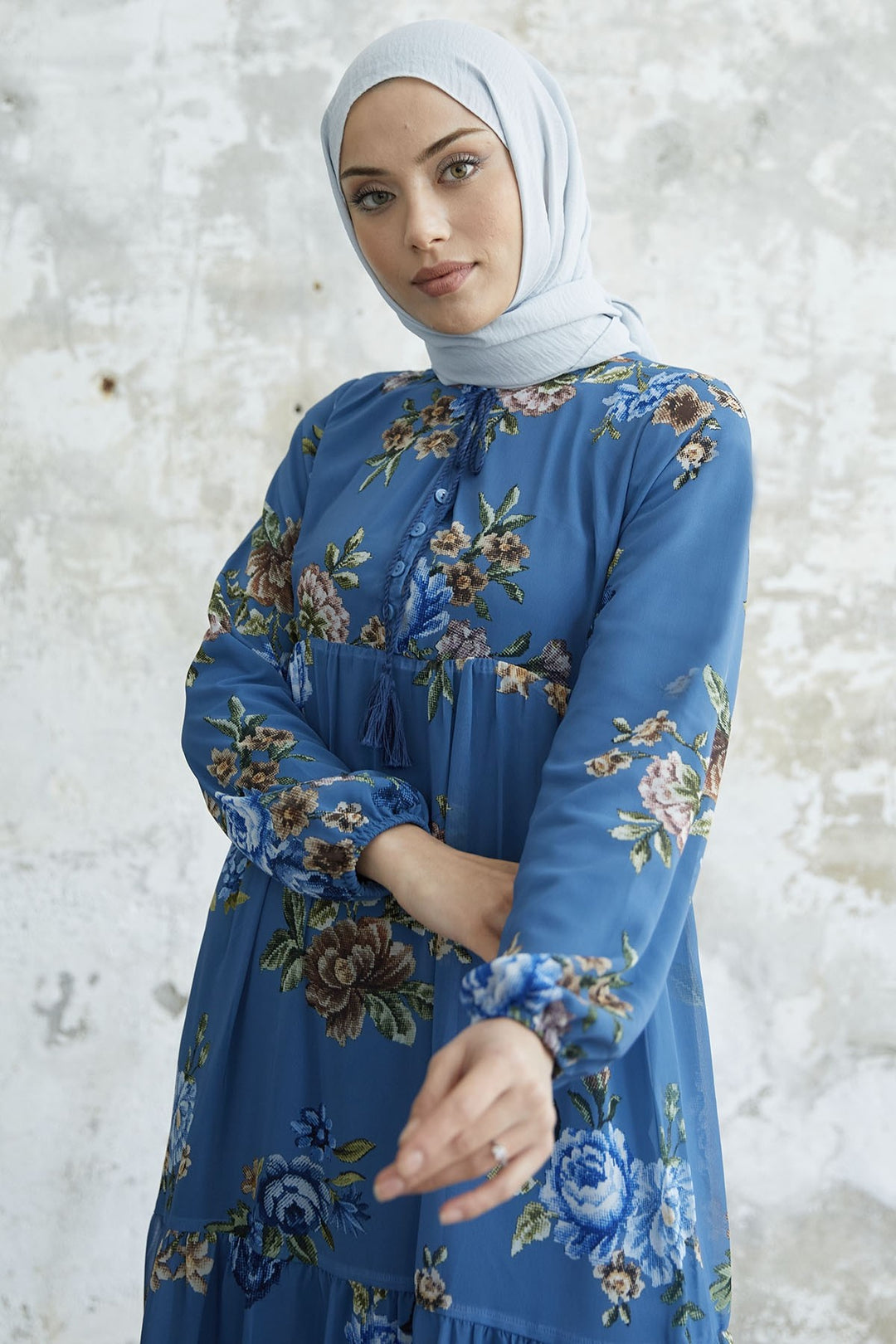 MDS Women Lace-Up Floral Chiffon Dress - Indigo - Landau