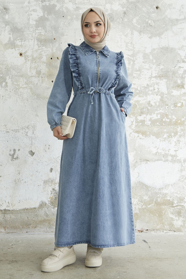 MDS Women Ruffled Detail Tunnel Belted Denim Dress - Blue - Mount Vernon