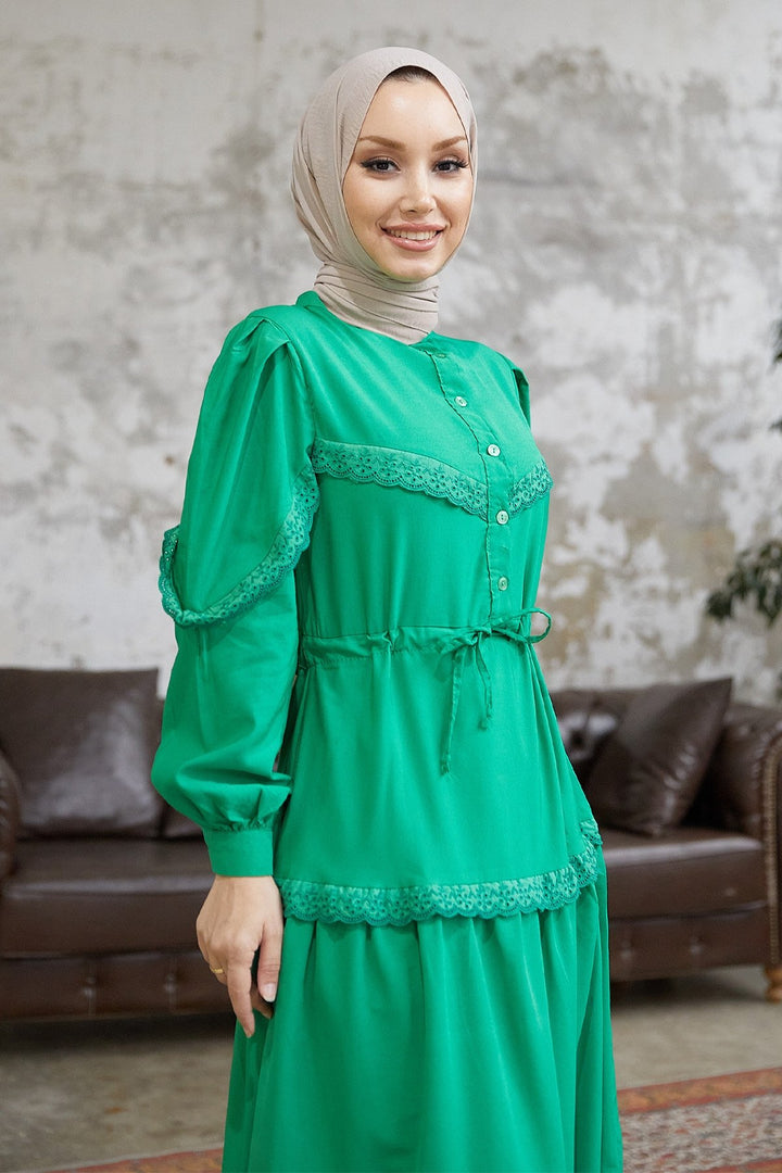 MDS Women Guipure Detail Balloon Sleeve Dress - Green - Chaïdári