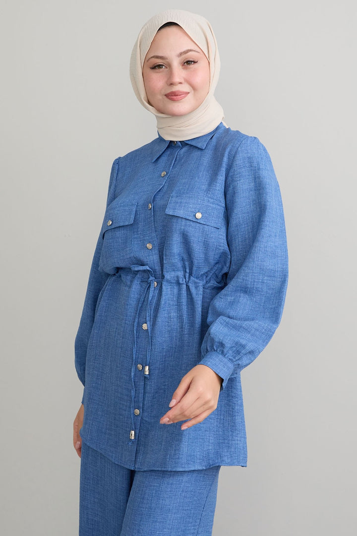MDS Women Tunnel Arched Blue Linen Suit - Hutchinson