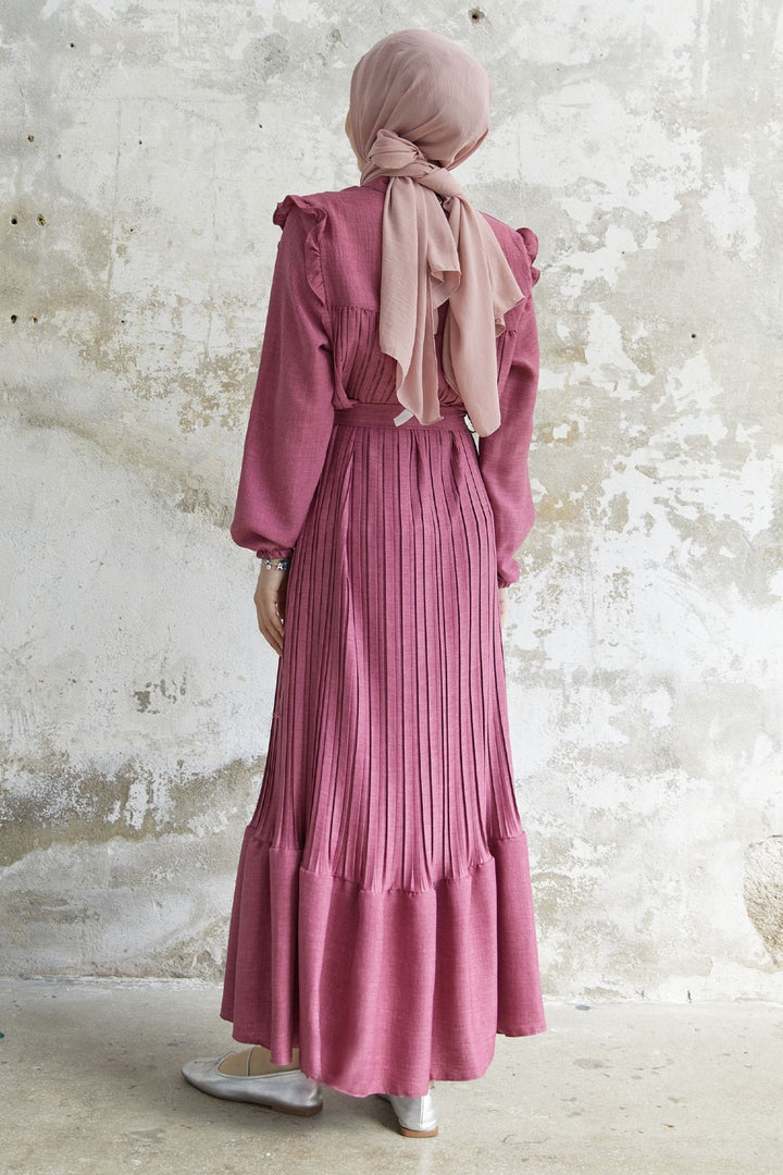 MDS Women Ruffle Trim Linen Dress with Puff Sleeves - Fuchsia - Irvine