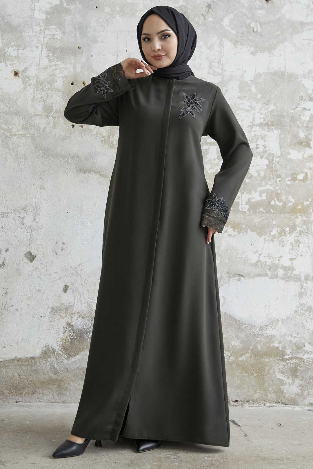 MDS Women Sleeve Flower Stone Abaya - Khaki - Portsmouth