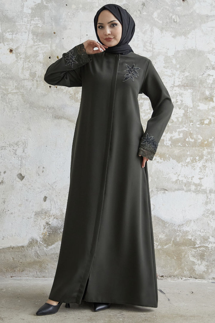 MDS Women Sleeve Flower Stone Abaya - Khaki - Portsmouth