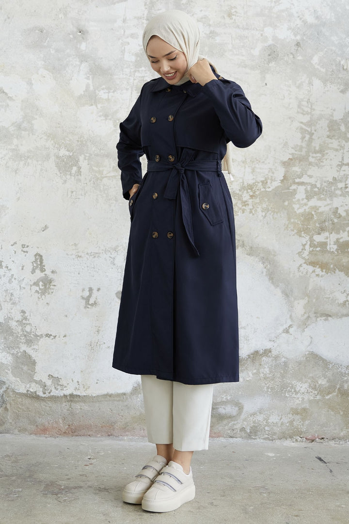 MDS Women Evelina Double Button Detail Trench Coat - Navy - Elmshorn