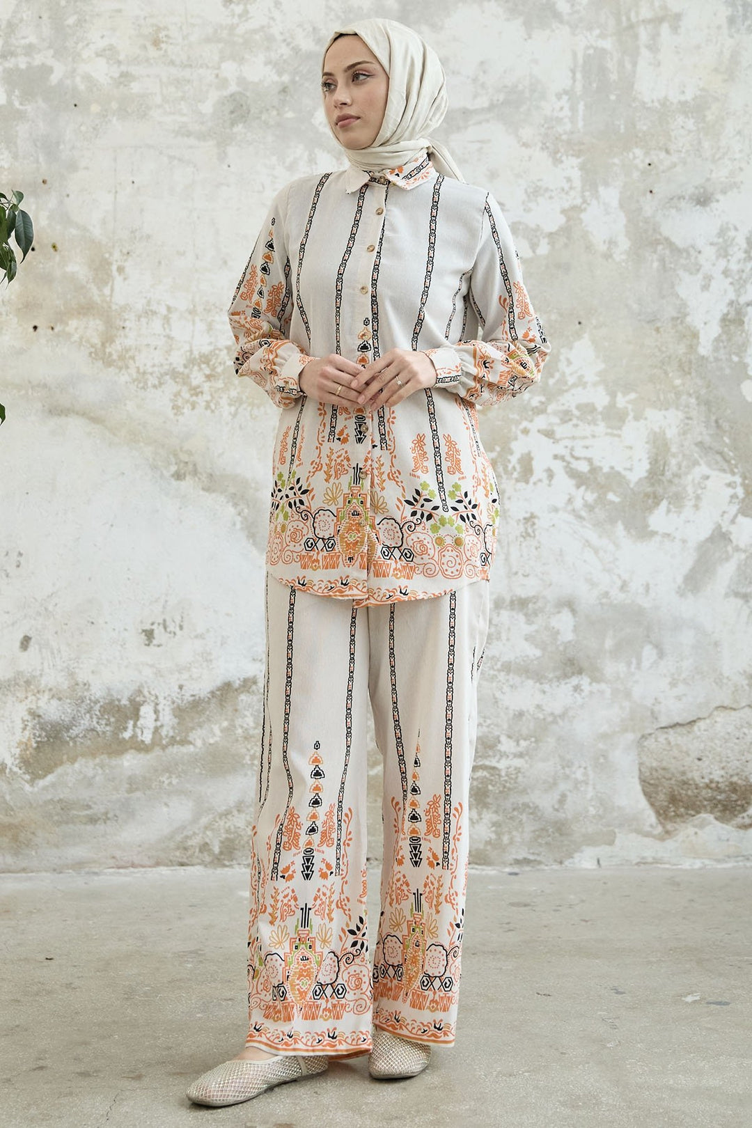 MDS Women Patterned Linen Two-Piece Set - Orange - Slough