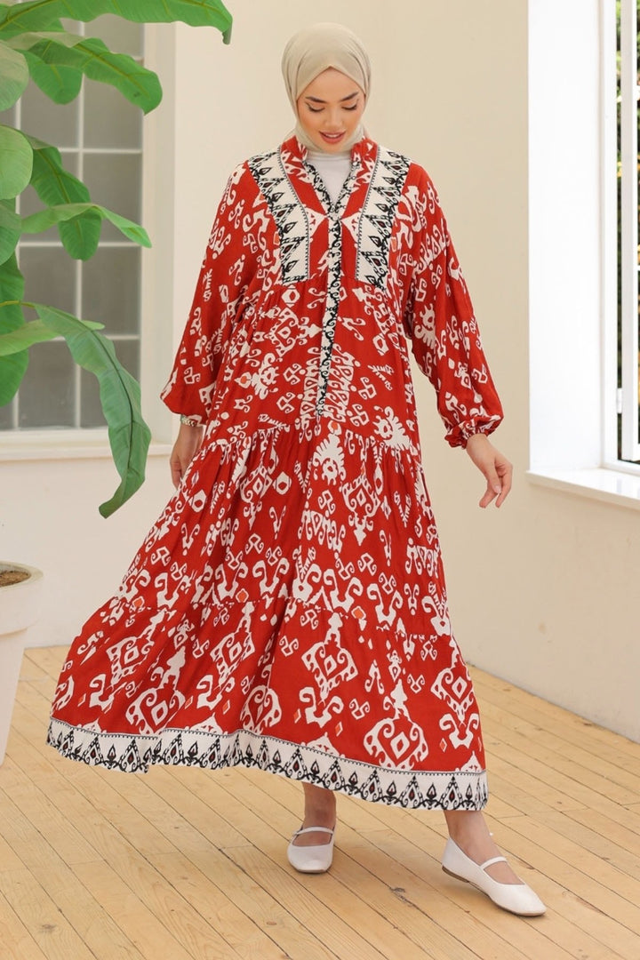 MDS Women Buttoned Loose Patterned Terracotta Viscose Dress - Culver City